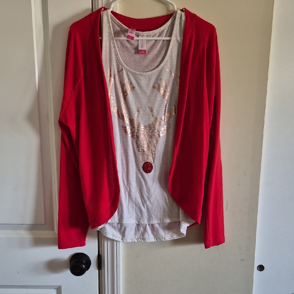 No Boundaries Heathered Tank with Bright red Cardigan